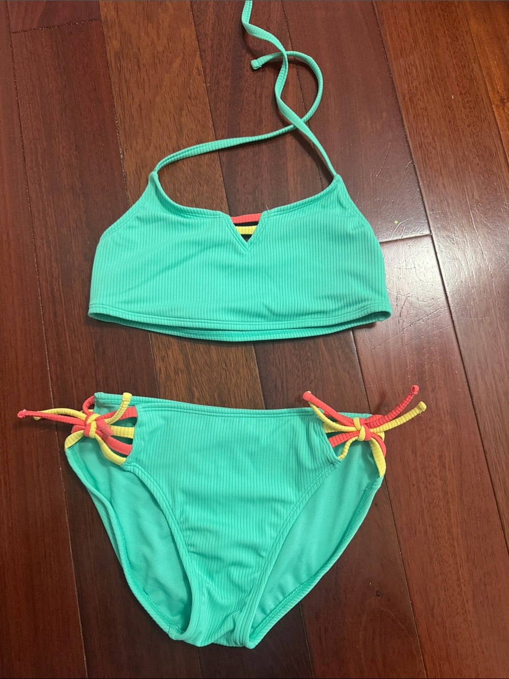 art class Mint Green Ribbed Girls Two-Piece Bikini with Neon Pink & Yellow Ties